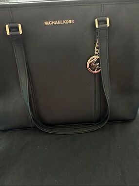Michael Kors Black Saffiano Leather Shoulder Tote with Gold Accent Charm